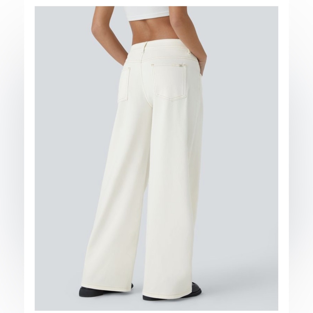 Halara off white asymmetrical low rise waist soft denim wide leg jeans, new - Picture 2 of 9